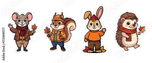 Animals in autumn clothes with a mouse, squirrel, rabbit, and hedgehog, all dressed for fall. These animals in autumn clothes each hold an autumn leaf and wear adorable outfits,