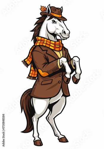 Cartoon horse in autumn outfit posing with confidence, wearing jacket and scarf. Autumn outfit features a stylish hat with leaf, showcasing autumnal style.