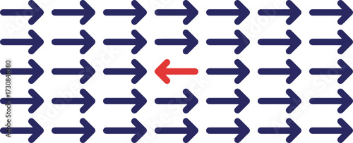 arrows, direction, movement, change, different, unique, individuality, concept, idea, leadership, contrast, opposition, red arrow, blue arrows, group, pattern, background, graphic, design, symbol, vec