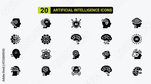 Artificial Intelligence Icon Set – Modern Bold Black & White AI Symbols