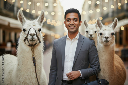 A man standing next to two llamas