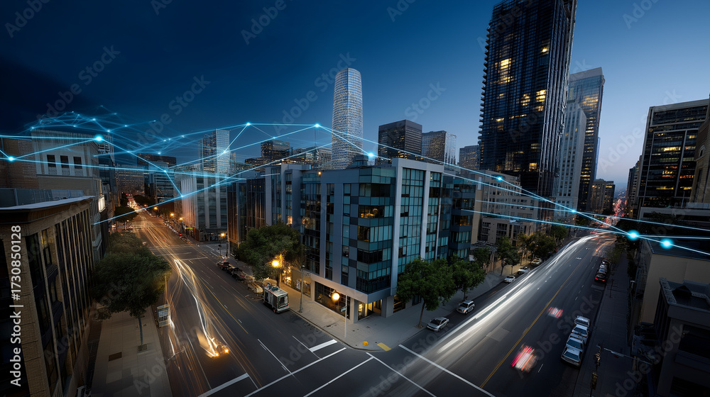 Fototapeta premium Advanced public safety monitoring systems incorporating surveillance networks and predictive policing technologies enable cities to maintain security and safety in busy commercial 