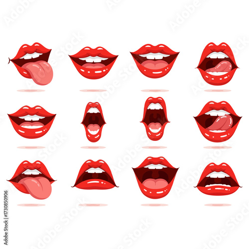 Various red lips expressions, showing different emotions and actions.