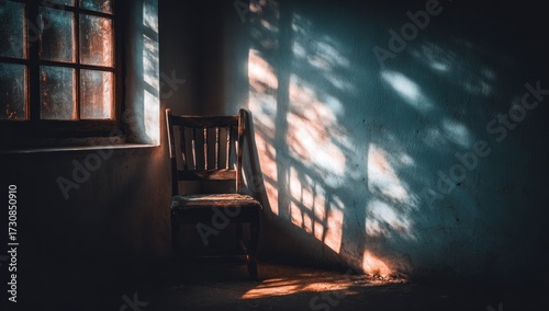 Sunlight streams into a dimly lit room, casting intricate shadows on the aged wall and highlighting a solitary wooden chair.