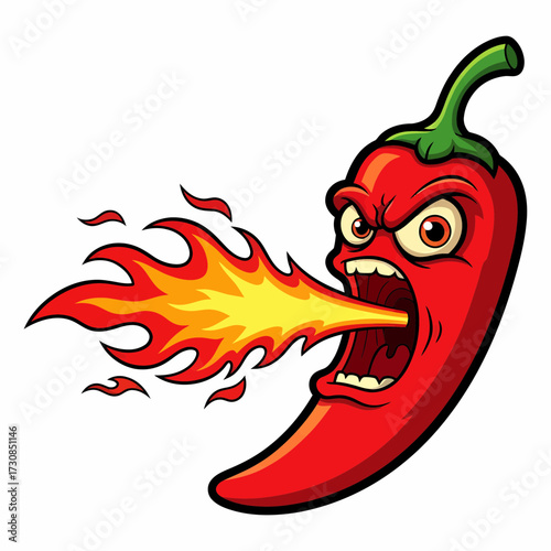 Fiery Cartoon Red Chili Pepper with Flames Illustration