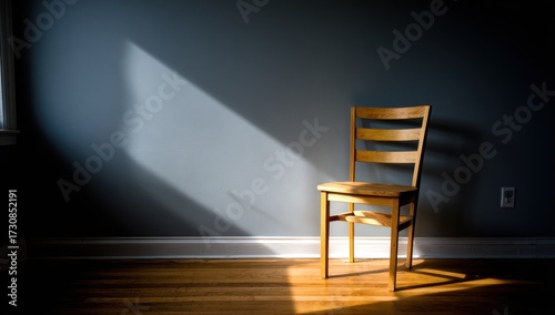 A single wooden chair bathed in sunlight casts a dramatic shadow against a muted gray wall in a quiet room.