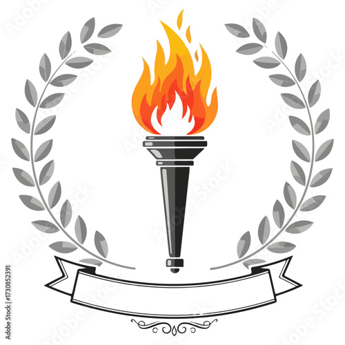 Olympic Torch Flame Emblem with Laurel Wreath and Ribbon.