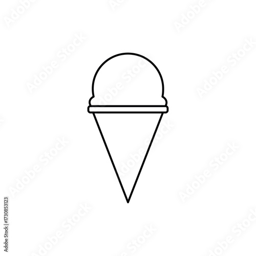 Simple outline icon of a single scoop of ice cream in a crisp waffle cone, symbolizing summer, dessert, sweet treat, and refreshment in a minimalist vector design.