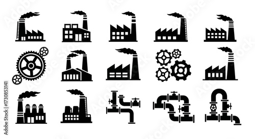 A collection of black silhouette icons representing various industrial elements such as factories, gears, and pipe systems on a white background.