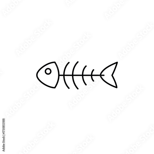 Simple outline icon of a fish skeleton or fish bone with a head and tail, symbolizing seafood, death, remains, or a cat's treat in a clean vector graphic.
