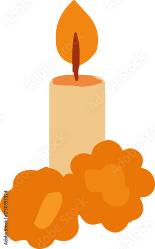 A single burning candle surrounded by marigold flowers, symbolizing remembrance and light for Día de los Muertos celebrations.