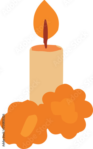 A single burning candle surrounded by marigold flowers, symbolizing remembrance and light for Día de los Muertos celebrations.