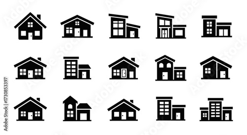 Collection of house icons in black and white.