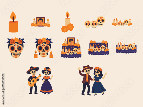 A colorful Día de los Muertos illustration set featuring sugar skulls, altars, candles, marigold flowers, and dancing skeleton couples in traditional Mexican attire.