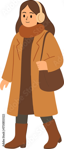 autumn, fall, winter, cozy, warm clothes, beanie, hat, scarf, boots, jacket, coat, casual, fashion, illustration, character, woman, girl, coffee, takeaway cup, hot drink, beverage, outdoors, street st