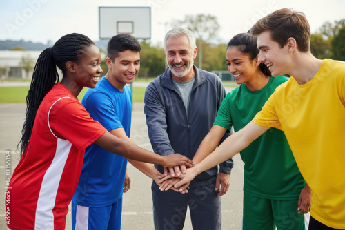 Group of people shaking hands in a basketball court