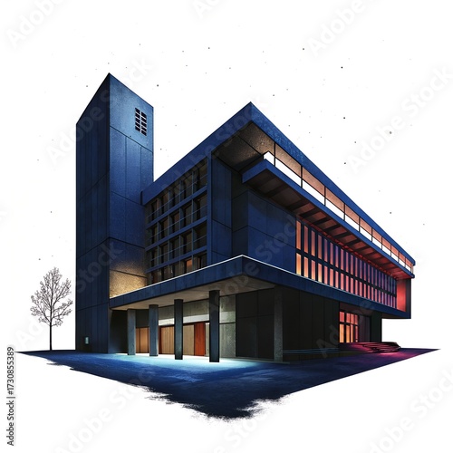 Brutalist concrete building at night with dramatic shadows