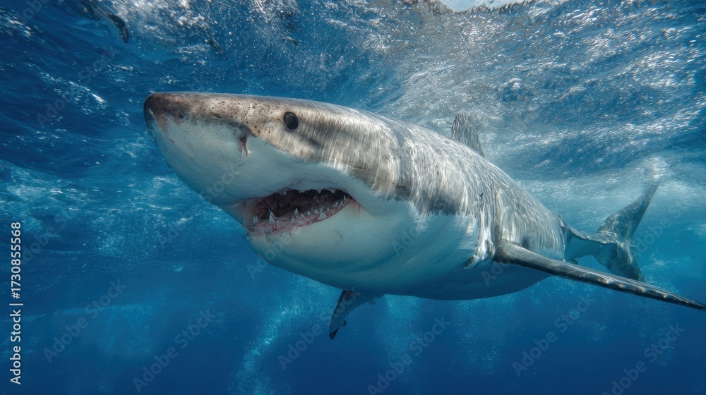 Fototapeta premium A great white shark glides through clear blue water showcasing its powerful body and sharp teeth. Sunlight filters through the surface illuminating its surroundings.