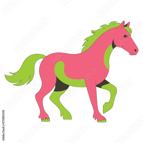 Galloping horse animal illustration pink and green colors equine movement spirited stride