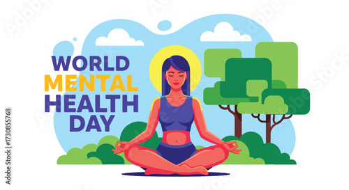 Flat style illustration of a woman meditating outdoors for World Mental Health Day, representing mindfulness, inner peace, and the importance of balance for emotional wellbeing