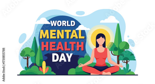 Flat style illustration of a woman meditating outdoors for World Mental Health Day, representing mindfulness, inner peace, and the importance of balance for emotional wellbeing