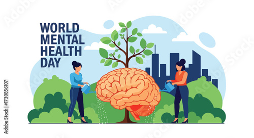 Flat style illustration of people watering a brain growing into a tree for World Mental Health Day, symbolizing care, growth, and nurturing emotional wellbeing in a supportive environment