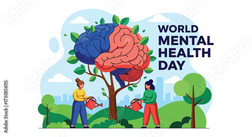 Flat style illustration of people watering a brain growing into a tree for World Mental Health Day, symbolizing care, growth, and nurturing emotional wellbeing in a supportive environment
