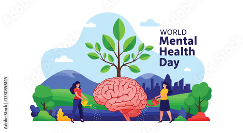 Flat style illustration of people watering a brain growing into a tree for World Mental Health Day, symbolizing care, growth, and nurturing emotional wellbeing in a supportive environment