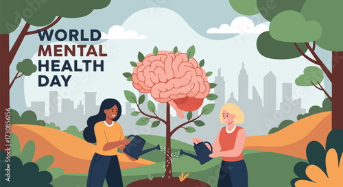 Flat style illustration of people watering a brain growing into a tree for World Mental Health Day, symbolizing care, growth, and nurturing emotional wellbeing in a supportive environment