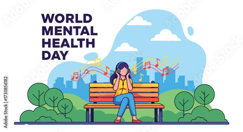 Flat style illustration of a woman listening to music on headphones in the park for World Mental Health Day, symbolizing relaxation, stress relief, and emotional wellbeing