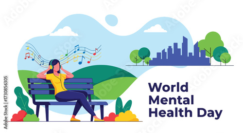 Flat style illustration of a woman listening to music on headphones in the park for World Mental Health Day, symbolizing relaxation, stress relief, and emotional wellbeing