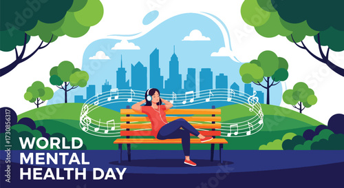 Flat style illustration of a woman listening to music on headphones in the park for World Mental Health Day, symbolizing relaxation, stress relief, and emotional wellbeing