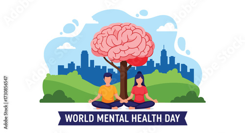 Flat style illustration of people meditating outdoors under a brain tree for World Mental Health Day, symbolizing relaxation, mindfulness, and emotional balance in a healthy lifestyle