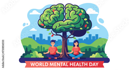 Flat style illustration of people meditating outdoors under a brain tree for World Mental Health Day, symbolizing relaxation, mindfulness, and emotional balance in a healthy lifestyle