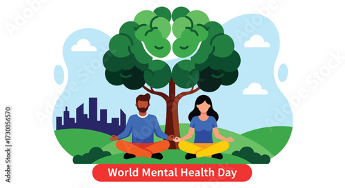Flat style illustration of people meditating outdoors under a brain tree for World Mental Health Day, symbolizing relaxation, mindfulness, and emotional balance in a healthy lifestyle