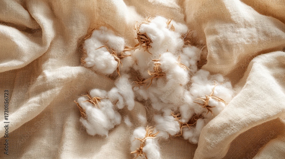 Fototapeta premium Raw cotton texture natural organic fiber bolls on beige linen fabric background flat lay top view sustainable materials for eco-friendly design