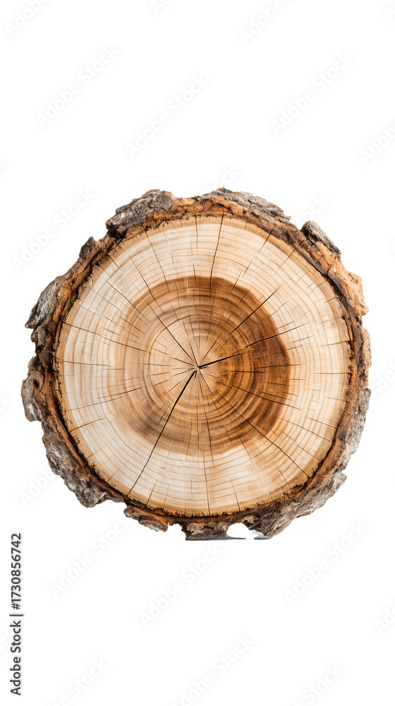 Obraz premium A high-quality tree stump cutout isolated on a white background with natural bark texture and growth rings. Ideally prepared for commercial use: absolutely no shadows or reflections, no floor contact,