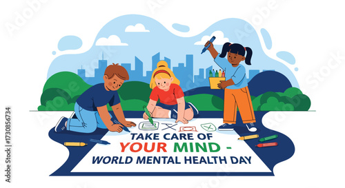 Flat style illustration of children drawing poster to promote World Mental Health Day, encouraging creativity, community, and awareness of emotional wellbeing in a positive environment.