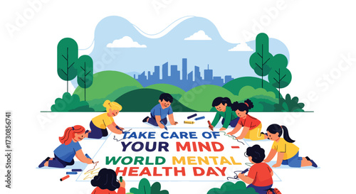 Flat style illustration of children drawing poster to promote World Mental Health Day, encouraging creativity, community, and awareness of emotional wellbeing in a positive environment.