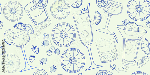 Refreshing summer drinks and citrus fruits hand drawn sketch pattern on light background