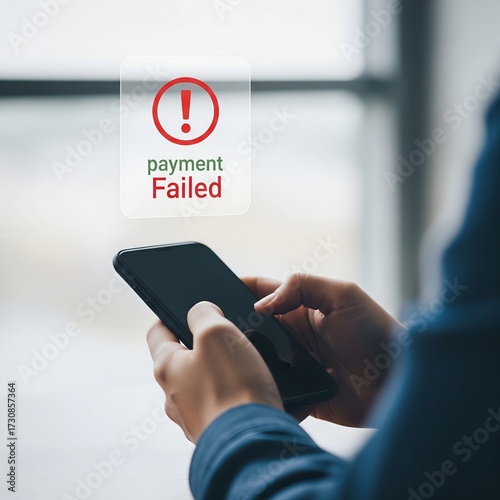 Person holding smartphone with payment failed notification and red exclamation mark icon