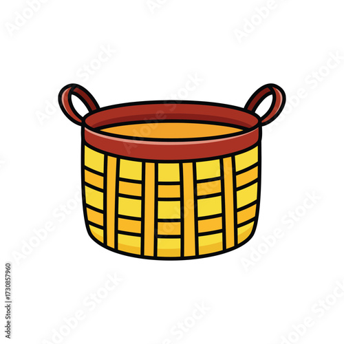 Traditional Wicker Basket with Strong Handle Outline Vector Classic Cartoon Icon for Farm Produce and Picnic