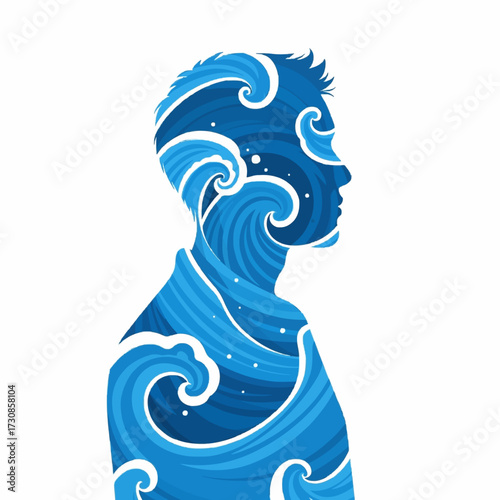 Conceptual art of a man's silhouette filled with turbulent ocean waves, symbolizing mental state and inner world