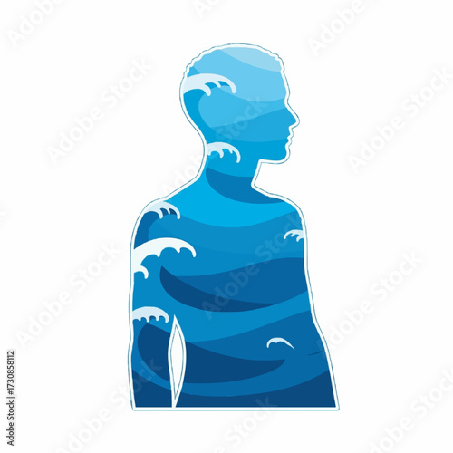 Vector illustration of a human silhouette filled with blue ocean waves, symbolizing inner peace, mental health, and the subconscious mind