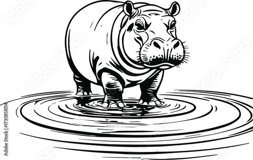Hippo standing in water with ripple effect, bold outline