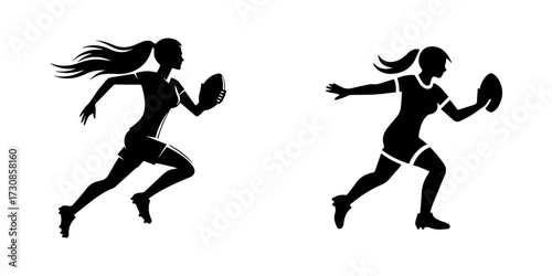 Modern Minimalist Women Running with Football Icon, Flat Silhouette of a Sport Athlete Vector for Soccer Illustration Design