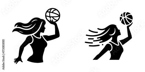 Modern Minimalist Woman Bouncing Basketball Icon, Flat Silhouette of a Sports Pose Vector for Athletic Illustration Design