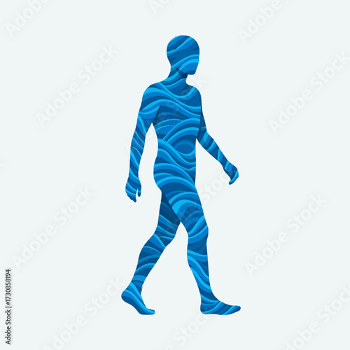 Conceptual graphic of a man walking, his form filled with flowing blue water waves, representing inner peace and fluidity