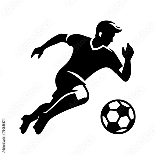 Modern Minimalist Man with Full-Body View Dribbling the Ball and Running Icon, Flat Silhouette of a Sport Player Vector for Soccer Illustration Design