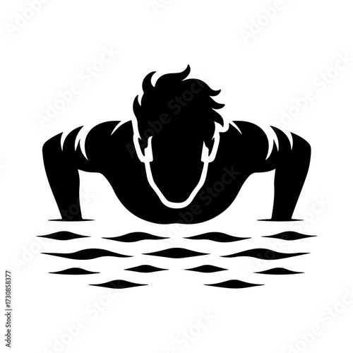 Modern Minimalist Man with Half-Body View Stretching Arms in Water Icon, Flat Silhouette of a Sport Athlete Vector for Aquatic Illustration Design